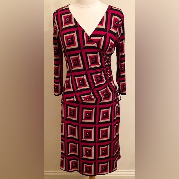 9 & Co Dresses & Skirts - 9 & Co Maroon Tan Geometric 10 Faux Wrap Retro Modern Career Chic Indie Dress